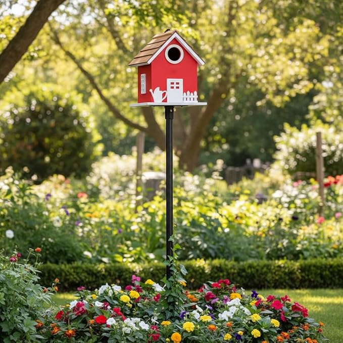 Vinyl Water Proof Bird House for Outside, Shingle Roof Bluebird House Nesting Box, Squirrel Proof Hanging Birdhouse, 5 Years Weatherable for Outdoor Decoration,Bird Box for Pole (Red)