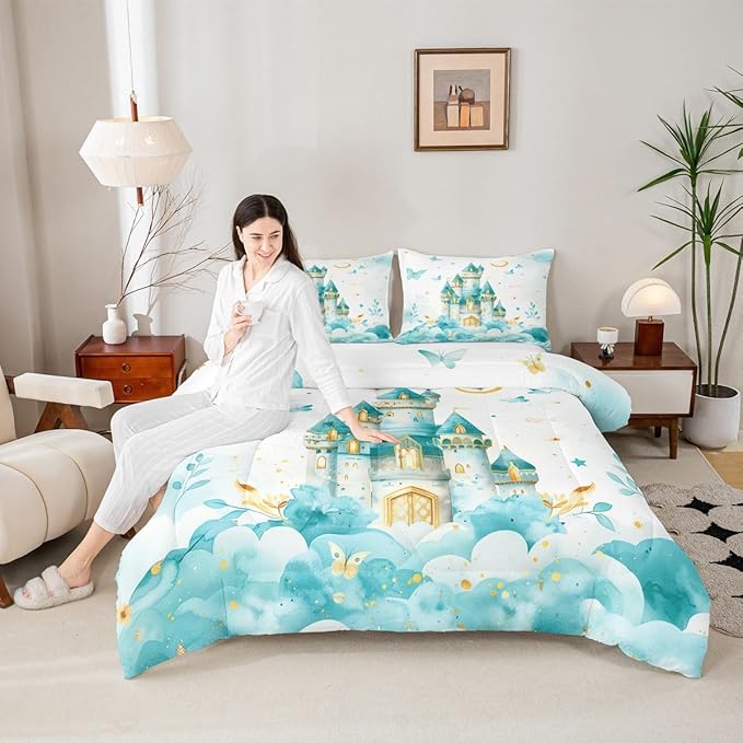 Erosebridal Princess Full Comforter Set for Girls Kids - Castle Butterfly Bedding Sets, Girly Coquette Butterflies Bed Set | Moon and Stars Aesthetic Room Decor with 2 Pillowcases
