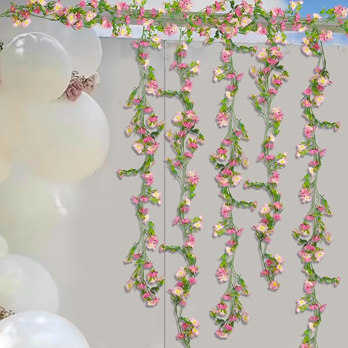 CISDUEO Artificial Daisy Flowers Vine Silk Wildflower Garland Spring Fake Flower Vine Hanging Ivy Pink Daisy Flowers Plastic Green Leaves for Mantle Wall Party Wedding Arch Floral Decor Indoor Outdoor