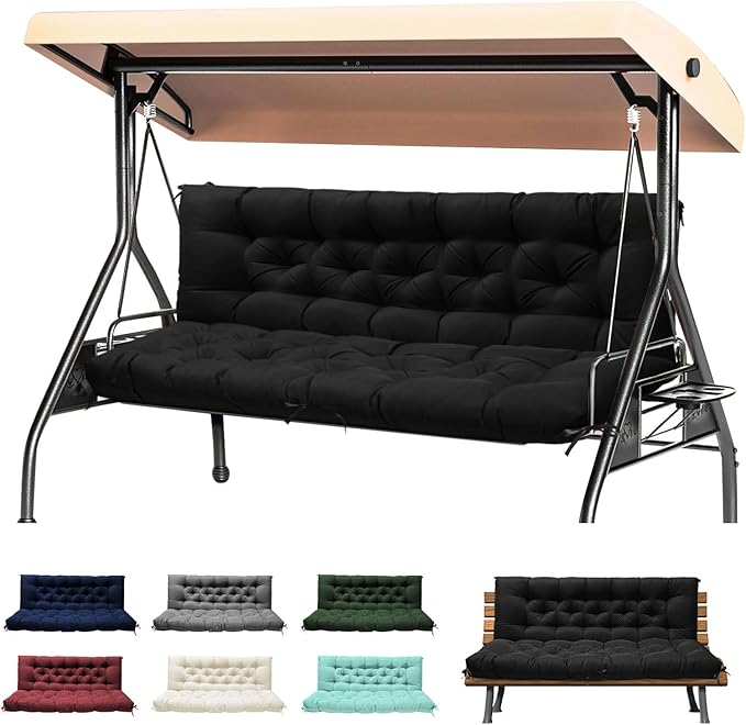 Porch Swing Cushions, Waterproof Swing Cushions Replacement with Backrest, Outdoor Swing Bench Cushions 2-3 Seater Replacement for Patio Furniture 60x40 (Black)