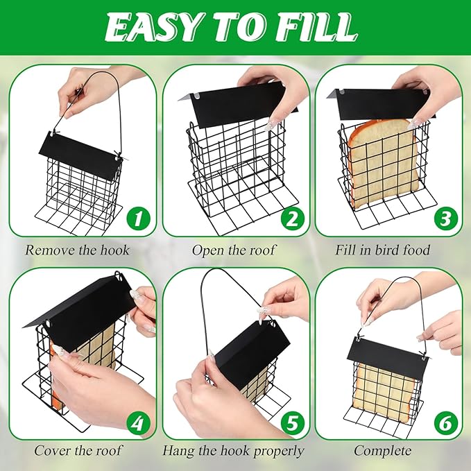 Nuogo 4 Pcs Wild Bird Feeder Squirrel Proof Outdoor Hanging Suet Holder with Metal Roof and Platform Outside Cake Suet Feeder Rainproof Cage for Oriole Hummingbird Chickadee Nuthatch(Black)