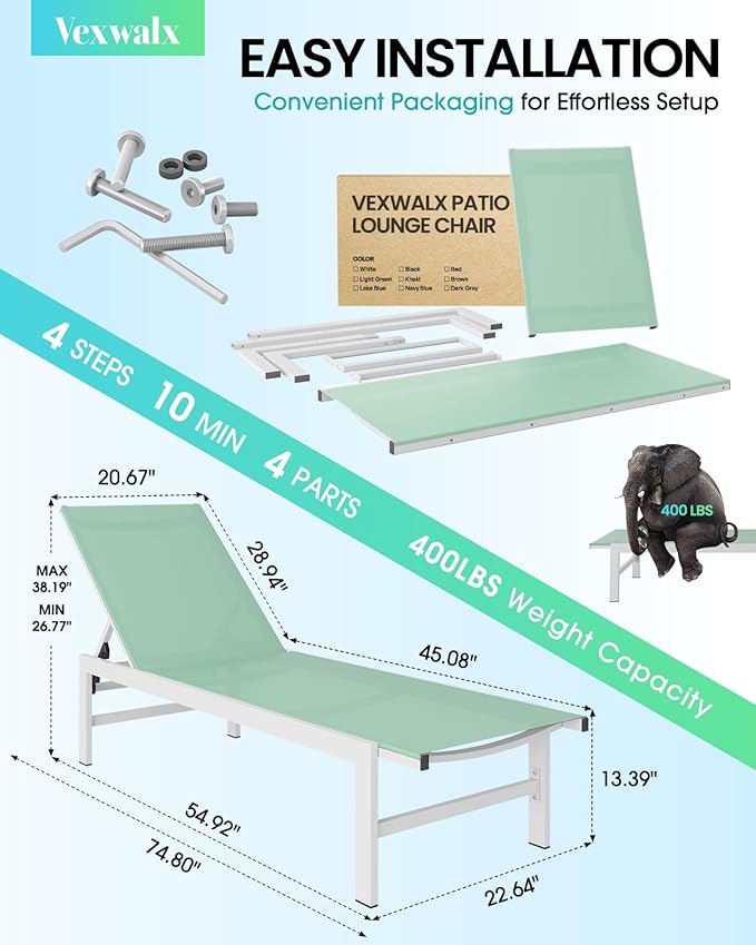 Outdoor Lounge Chairs Set of 2, Aluminum Patio Chaise Lounge Chairs with 5-Position Recliner, Pool Lounge Chairs for Backyard, Poolside, Deck, Lawn (LightGreen)
