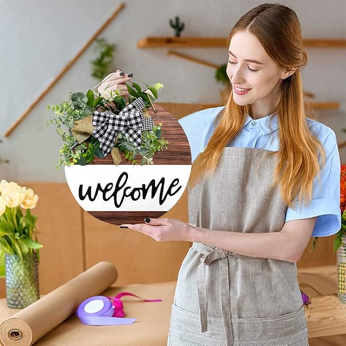 Welcome Sign for Front Door, Front Door Decor for Farmhouse Porch, Rustic Welcome Wreaths with Stapled Greenery, Round Wooden Hanging Sign Housewarming Gift for Home Outdoor Indoor