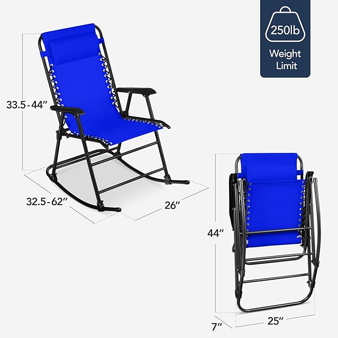 Best Choice Products Outdoor Folding Rocking Chair, Zero Gravity Lounge Chair, Patio Rocker w/Headrest Pillow - Cobalt Blue