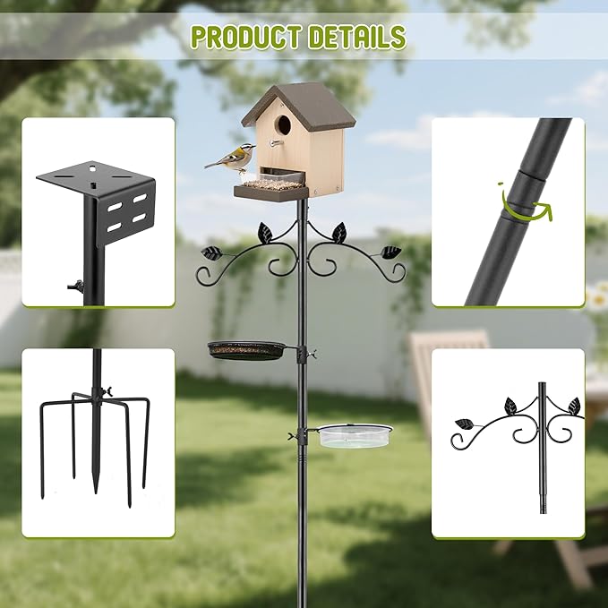 ERYTLLY Bird Feeder Pole Stand, 91 Inch Bird House Pole with 5-Prong Base Shepherds Hook for Hummingbird Feeders, Adjustable Bird Feeder Stand with Water Bowl Metal Mesh Tray for Outdoor Garden Decor