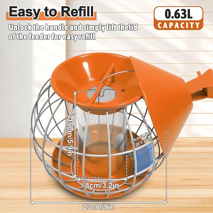Bird Feeder for Outdoor, Squirrel Proof Bird Feeder for Outdoors Hanging, Weatherproof, Easy to Clean & Refill, Large Capacity Metal Seed Feeder for Finch, Blue Jay, Hummingbird, Orange