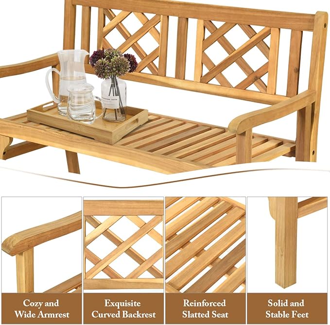 Giantex 4 Ft Foldable Outdoor Bench, Acacia Wood Outside Loveseat with Curved Backrest and Armrest, 705Lbs Weight Capacity, Garden Bench for Patio, Park, Porch, Balcony