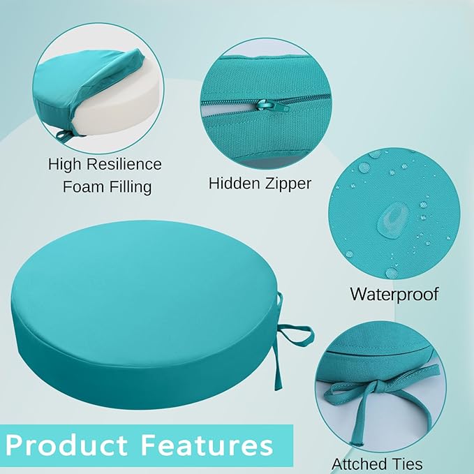 idee-home Outdoor Bistro Chair Cushions, 15”x15”x 3” Thick Outdoor Round Seat Cushions Set of 4 with Ties, Waterproof Round Patio Furniture for Garden