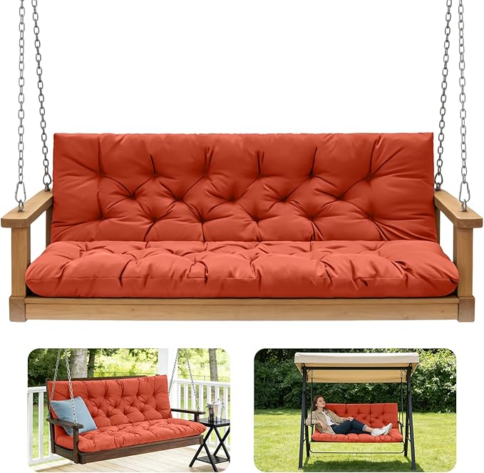 Porch Swing Cushions,Outdoor Cushions 3 Seater Replacement with Backrest, Waterproof Thickened Bench Cushion with Ties for Porch, Patio,Outdoor, Backyard and Garden (Orange 47 * 40 in)