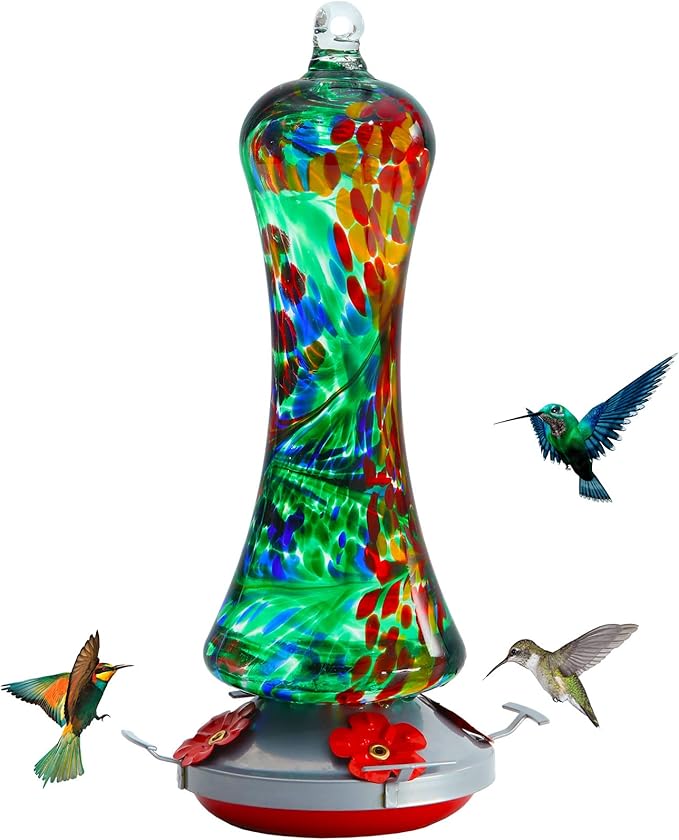 Glass Hummingbird Feeder for Outdoors: Leak Proof Hanging Hummingbirds Present for Women - Ant Moat & Hang Hook Included, Metal Base with 4 Feeding Ports & Perch, 20 Fluid Oz, Best Garden Decor
