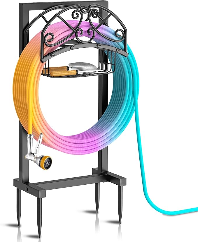 Garden Hose Holder, Freestanding Water Hose Holder with Storage Basket, Heavy Duty Metal Hose Stand Sturdy Hose Hanger, Detachable Hose Storage Rack for Outside Yard Lawn