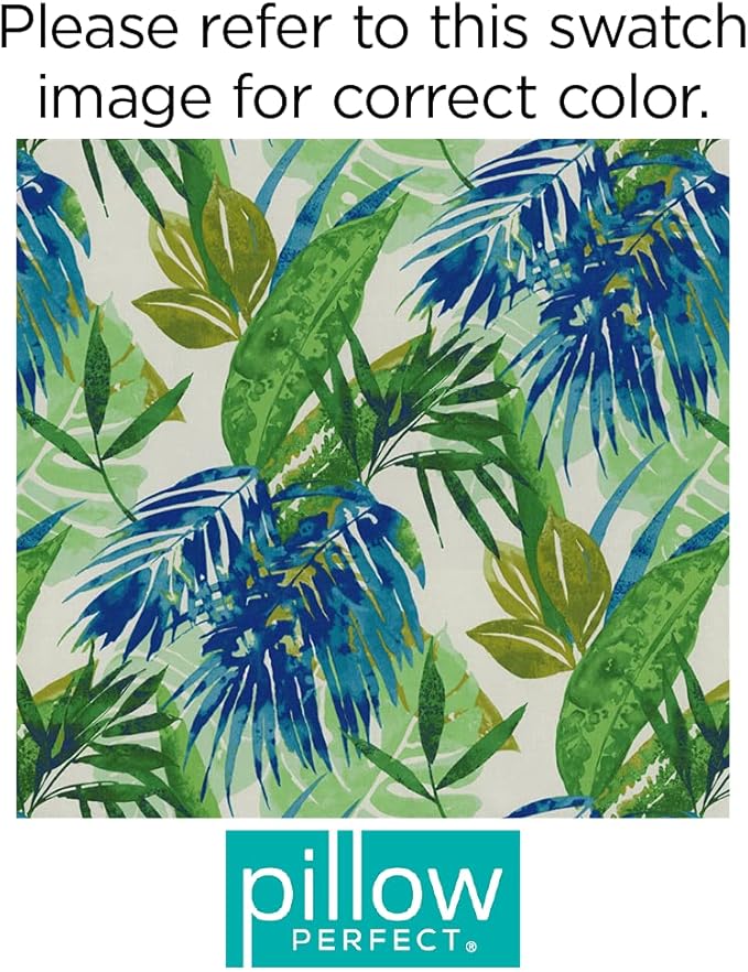 Pillow Perfect Tropic Botanical Indoor/Outdoor Tufted Wicker Seat Cushion With Ties, 2 Count, 17" x 17.5", Blue/Green Soleil