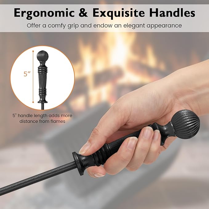 Tangkula 5-Pieces Fireplace Tool Set, 4-in-1 Indoor Outdoor Fire Place Set Tools with Poker, Tongs, Brush, Shovel and Square Stand, Metal Firepit Tool Set with Aluminum Handles, Black