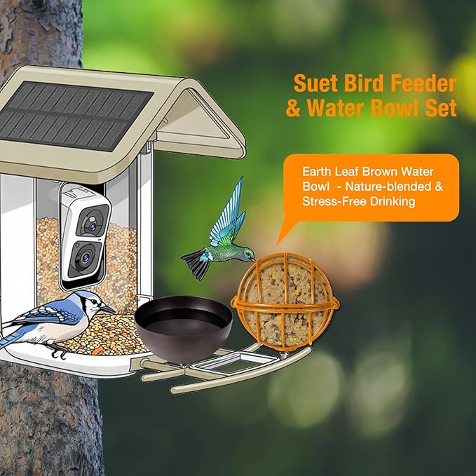 Metal Suet Ball Holder + Water Bowl Set for Birds - Compatible with Most Outdoor Smart Feeders - Round Suet Ball Holder for Outdoors - Bird Feeder Replacement Parts with 5mm Screw (Orange)