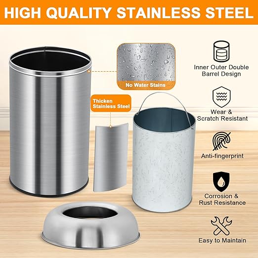 50L/13 Gallon Commercial Trash Can, Large Capacity Open Top Trash Can, Stainless Steel Garbage Can with Removable Inner Bucket, Heavy Duty Round Waste Container for Kitchen, Home, Office