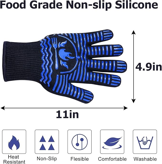 BBQ Gloves, 1472°F Extreme Heat Resistant Grill Gloves, Non-Slip Food Grade Silicone Oven Mitts Gloves for Kitchen, Cooking, Barbecue, Baking, Smoker (9inch)