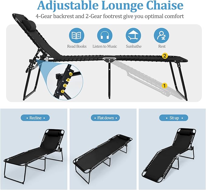 GYMAX Lounge Chairs for Outside, Extra High Folding Beach Tanning Lounger with 4-Level Adjustable Backrest, 2-Level Footrest & Removable Pillow, Sunbathing Lounge for Patio, Lawn, Poolside (2, Black)