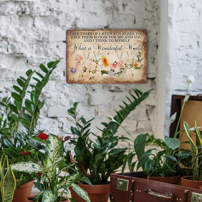 Flower Tin Sign Vintage Garden Metal Signs, And I Think To Myself What A Wonderful World Flowers Tin Sign I See Trees Of Green Red Roses Too Wall Art Roses Sign Wall Decor 8x12 Inch