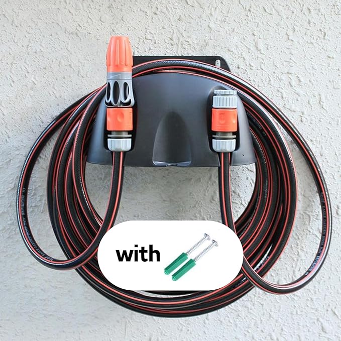 Garden Hose Reel Wall Mount Holder for Yard Organization - 2 Pack Premium Plastic Water Hose Holder, Small Setup for Garage, Holds 65' Feet Hose, Outside Storage with Pipe Hook Support