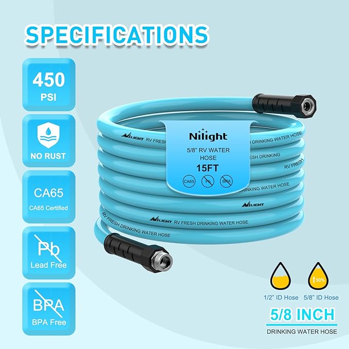 Nilight RV Water Hose 15FT Garden Drinking Hoses with Storage Bag Leakproof Anti-Kink 5/8" Inner Diameter Flexible Lightweight Freshwater Hose for RVs Campers Travel Trailer Boat Car Wash Accessories