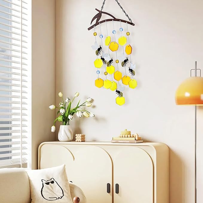 X-PREK 23" Bees Wind Chimes for Outside, Unique Stained Glass Wind Chimes Garden Decor, Windchimes Outdoors Suncatcher Gift for Women, Mom, Grandma, Unisex