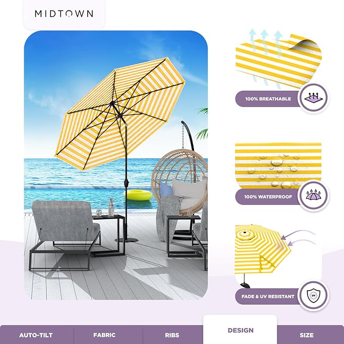 Midtown Umbrellas - 10-Year-No-Fade 10 Ft Patio Umbrella with Terylast Fabric, Auto-Tilt Aluminum Frame and 8 Reinforced Ribs for Deck, Pool, Garden & Beach - White/Yellow Stripes Canopy, Black Pole