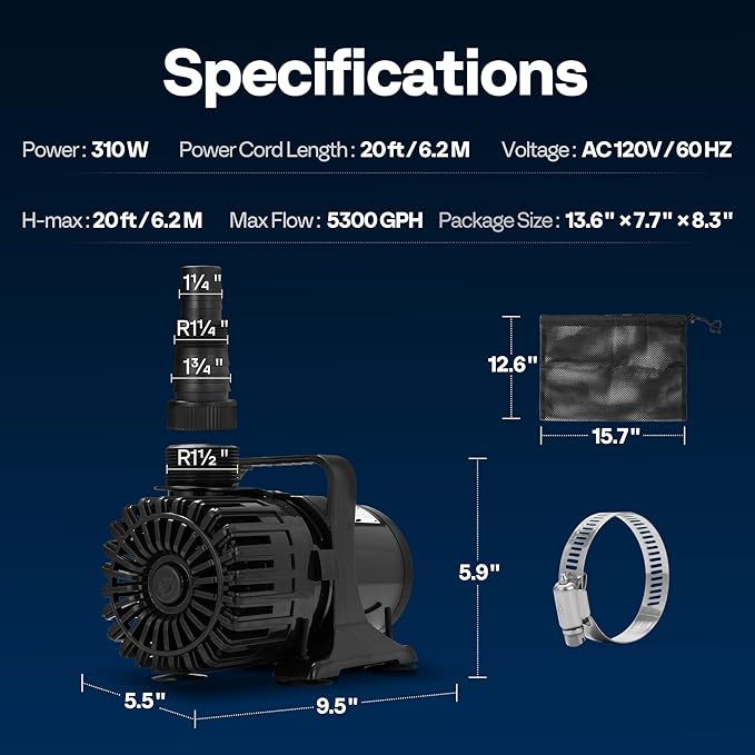 VIVOHOME 310W 5300GPH Submersible Water Pump with 180° Adjustable Water Outlet, 20ft High Lift for Waterfall Fountains Fish Tank Pond