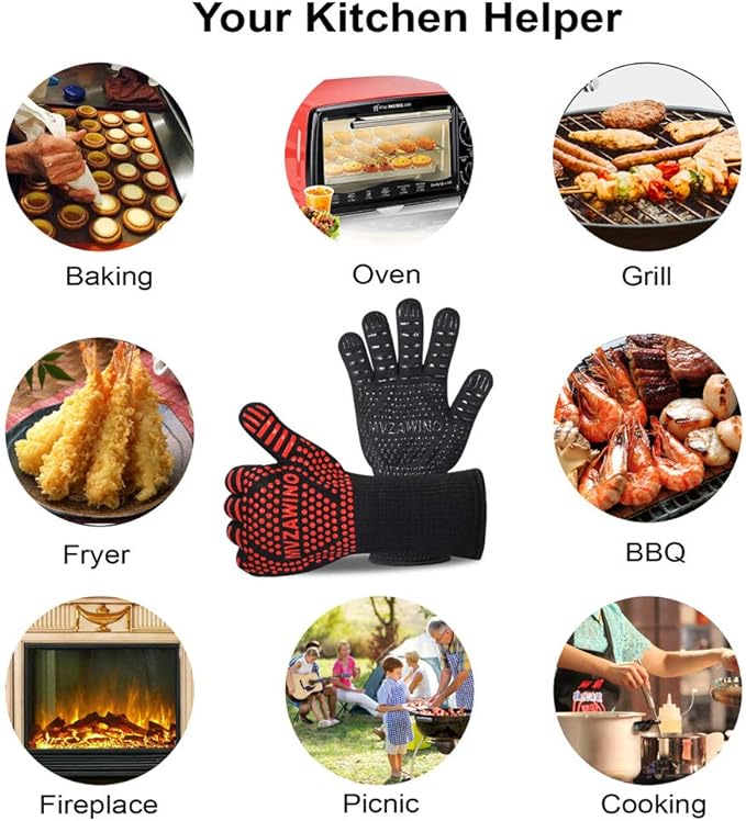 Premium BBQ Gloves, 1472°F Extreme Heat Resistant Oven Gloves, Grilling Gloves with Durable Fireproof Kitchen Oven Mitts Designed for Cooking, Grill, Frying, Baking, Barbecue (red+Black)