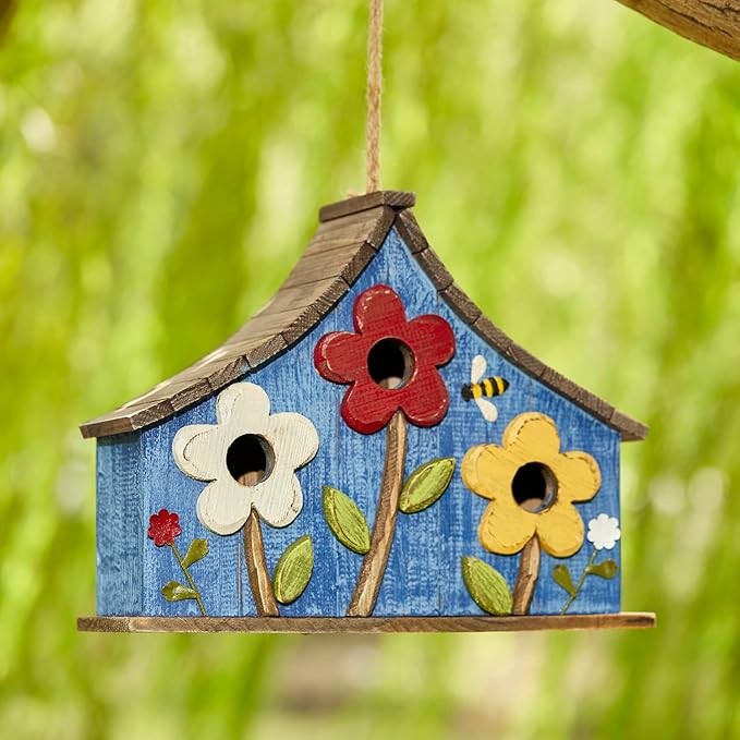 Glitzhome Bird Houses for Outside, 15" L Oversized Distressed Solid Wood Birdhouse with 3D Flowers Rustic Three-Story Villa Decorative Hand-Painted Hanging Bird Houses for Outdoors,Washed Blue
