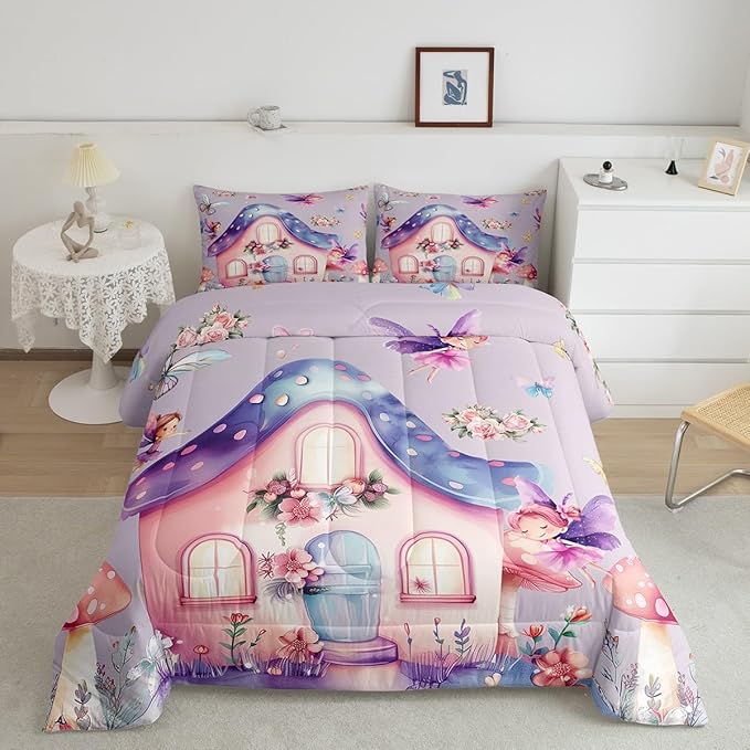Erosebridal Fairy Garden Twin Bedding Set,Dreamy Fairy Butterfly Comforter Set for Girls Kids,Cute Pink Floral Comforter,Kawaii Mushroom Flower Bedroom Room Decor,1 Pillowcase Breathable