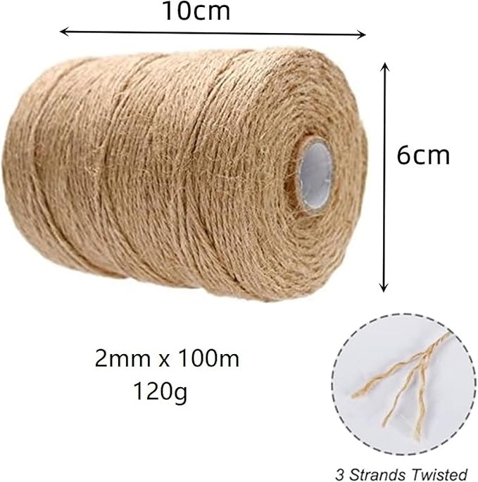 Natural Jute Rope 2mm 328ft - 3-Strand Brown Twine for Hang Tags, Lamp Shades, Weaving, Bottle Wrapping, Crafts & Gift Packaging