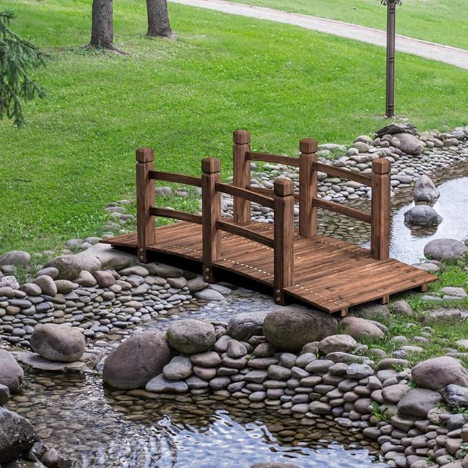 HAPPYGRILL Wooden Bridge, Small Wood Garden Bridge with Guardrails, Outdoor Pond Bridge for Garden Backyard Decoration 5FT