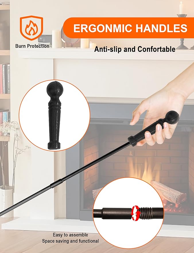 VODA Large 5 Pcs Fireplace Tools Set Black Fire Place Tools Indoor Outdoor Fire Place Poker Set with Stand, Including Fireplace Poker,Fireplace Tongs,Fireplace Shovel,Fireplace Brush and Sturdy Base