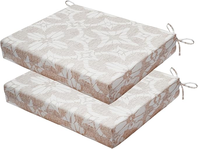 Outdoor Chair Cushions Set of 2, 18.5 x 16 Inch Patio Chair Cushions, Water Resistant, Non-Slip Ties (Beige Floral)