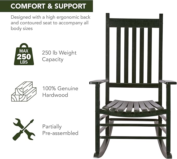 Shine Company Vermont Rocking Chairs, Outdoor Front Porch Rocker Set of 2, Dark Green
