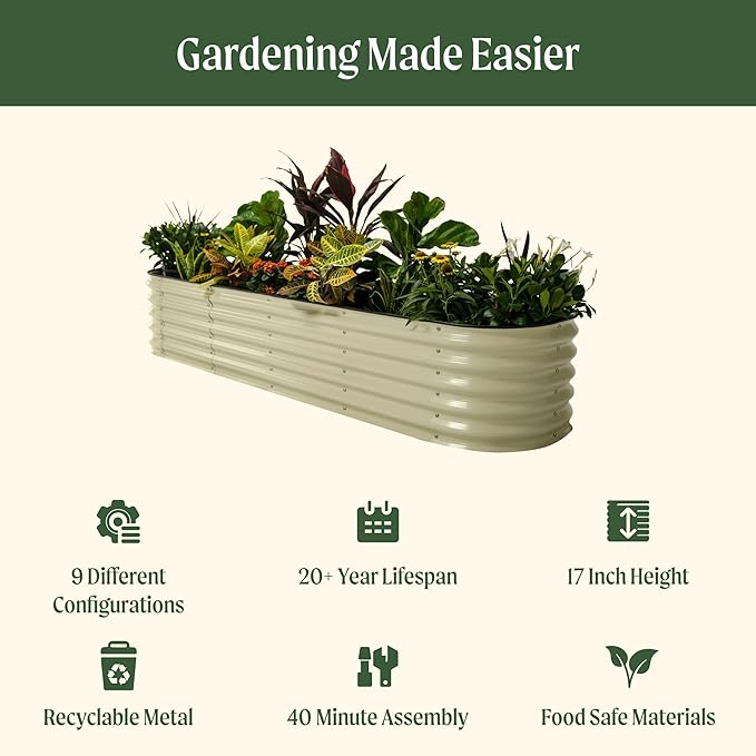 Vego garden Raised Garden Bed Kits, 17" Tall 9 in 1 8ft X 2ft Metal Raised Planter Bed for Vegetables Flowers Ground Planter Box-Modern Gray