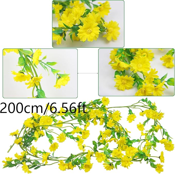 CISDUEO Artificial Daisy Flowers Vine Silk Wildflower Garland Spring Fake Flower Vine Hanging Ivy Yellow Daisy Flowers Green Leaves for Wall Party Wedding Arch Floral Decor Indoor Outdoor Ceremony