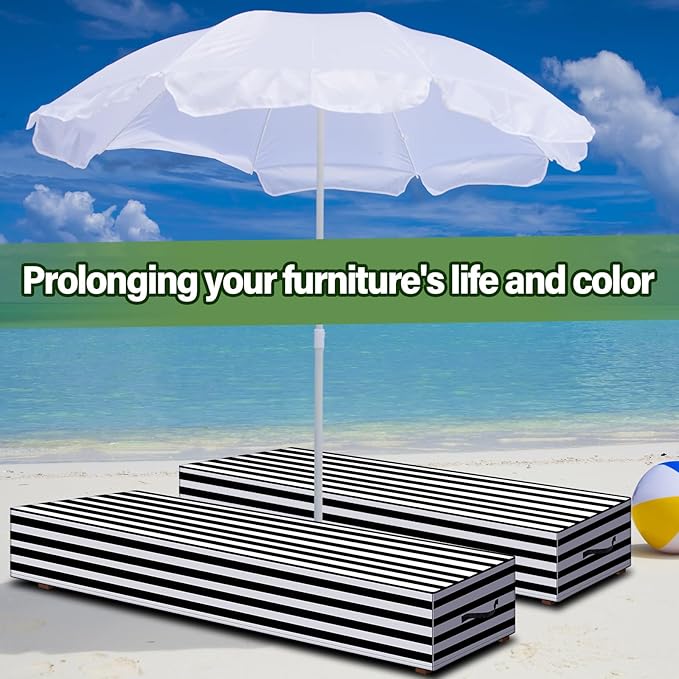 2 Pcs Patio Chaise Lounge Cover Waterproof Outdoor Lounge Chair Cover 30" D x 83" W x 12" H UV Resistant with Handle Strap for Furniture Protection (Black and White Stripe)