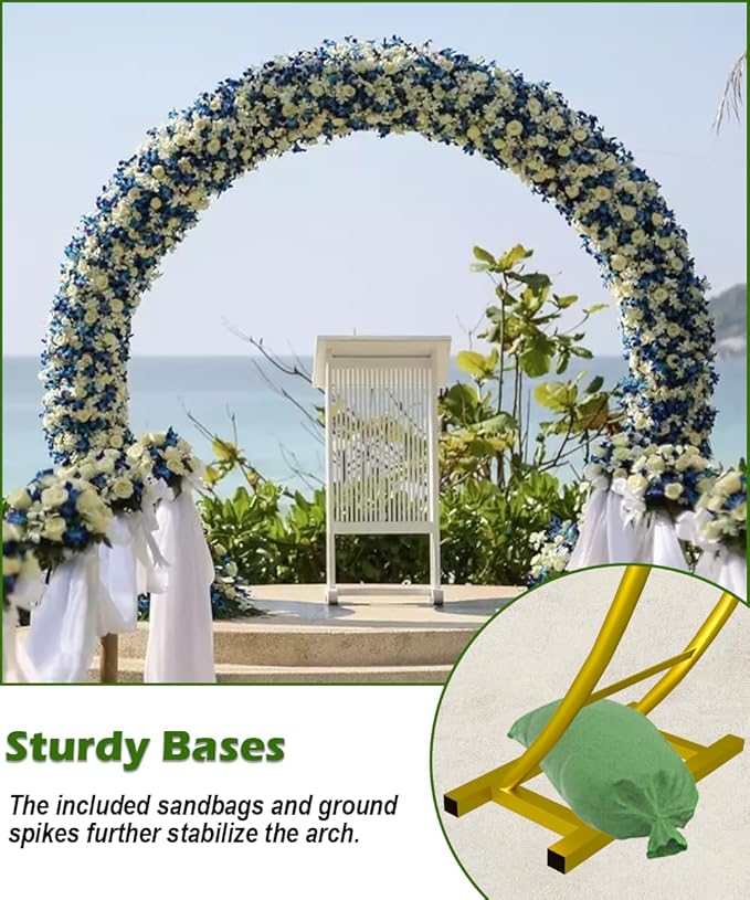 Queension Metal Wedding Arch | for Ceremony Party Decoration 8Ft Wide 7Ft High,Garden Arch Trellis with Ground Bases for Climbing Plants,Outdoor Garden Arbor for Roses Vines, Round Frame, Gold