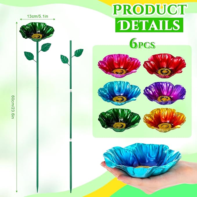 LemonRoad 6 Pcs Metal Bird Baths for Outdoors Flower Pattern Bird Bath Feeders with Metal Stake for Garden Yard Lawn Outdoor Decor