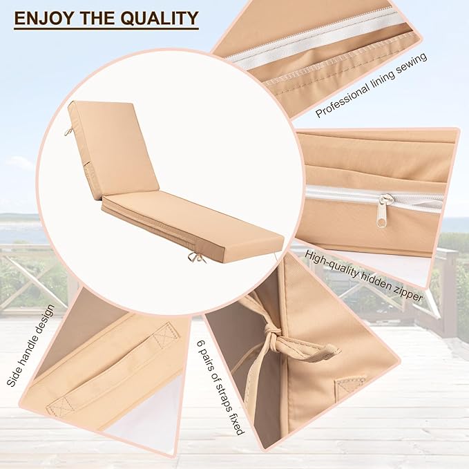 Chaise Lounge Cushions Outdoor Set of 2, Waterproof & Fade Resistant Patio Lounger Cushions, Replacement Sun Lounger Pads with Removable Cover for Pool, Deck, Lawn Furniture