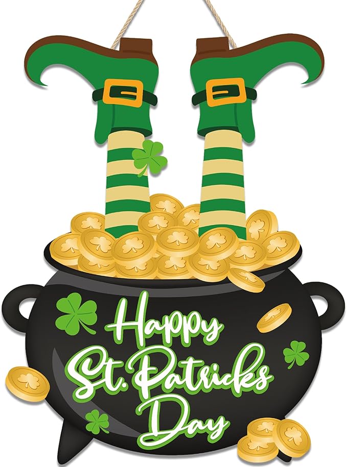 St. Patrick's Day Door Sign Happy St. Patrick's Day Wooden Front Door Wreath Leprechaun Feet Shamrock Gold Coin Jar Hanging Welcome Signs for Irish Home Wall Hanger Porch Indoor Outdoor Party Decor