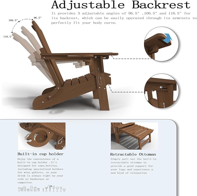 Folding Adjustable Adirondack Chairs with Ottoman & 1 Cup Holders Set of 2, HDEP Multifunctional Adirondack Chair with Footrest,Wood