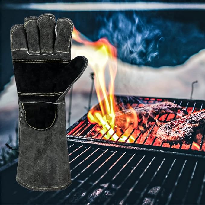 Welding/BBQ Leather Gloves, 16 Inches, Black-Gray, Heat/Fire Resistant, Mitts for Oven/Grill/Fireplace/Furnace/Stove/BBQ/16 inches Extra Long Sleeve