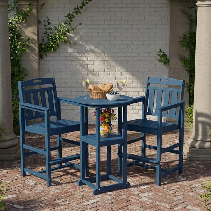 Ciokea 3-Pcs Bistro Table and Chairs, All-Weather Round High Top Bar Table with Storage Shelf and 2 Oversized Adirondack Chairs, Heavy Duty Outdoor Bar Patio Bistro Set for Balcony Deck, Navy Blue