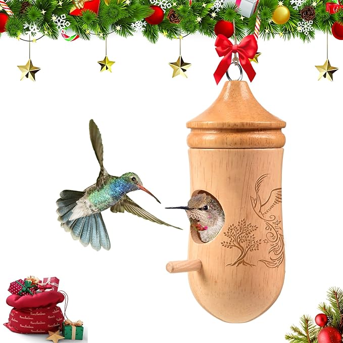 Hummingbird House, Solid Wood Hummingbird Houses for Outside-Exquisitely Handcrafted Birdhouse with Ribbon and String Hanging Kit, Durable Garden Decor, Perfect Gardening Gift(Style-E, 1 Pack)