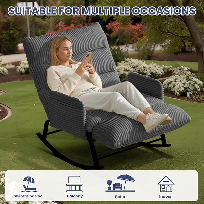Oversized Rocking Chair with Adjustable Backrest and Footrest, Outdoor Reading Chair - Chaise Lounge Chair Indoor, Comfy Corduroy Rocking Chair for Patio, Porch, Balcony, Living Room