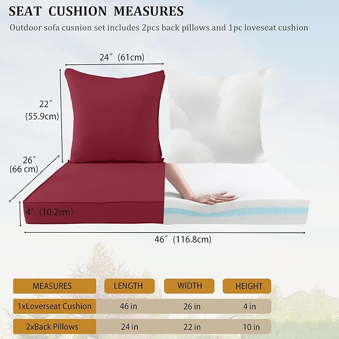 Outdoor Loveseat Cushion Set for Patio Couch/Sofa, 46 x 26 Inch Waterproof & Fade Resistant Patio Furniture Chiar Cushions with Removable Cover (Burgundy, 46''Lx26''Wx4''H-Loveseat Cushion Set)