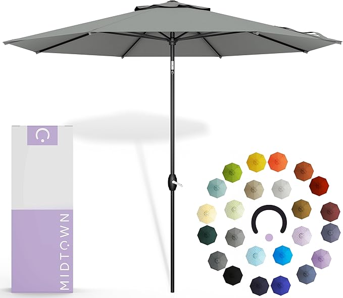 Midtown Umbrellas - 10-Year-No-Fade 8 Ft Patio Umbrella with Terylast Fabric, Auto-Tilt Aluminum Frame and 8 Reinforced Ribs for Deck, Pool, Garden & Beach - Matter Grey Canopy, Black Pole