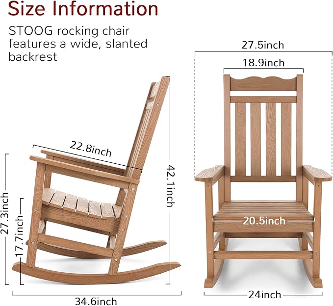 Stoog 3-Piece All-Weather Rocking Chairs Set of 2 with Table, Outdoor Rocking Chair with 400 lbs Weight Capacity, Rocking Chairs for Porch, Backyard, Lawn, Garden and Indoor, Teak